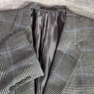 Tasso Elba Sport Coat Men 42R Grey Blue Silk Camel Hair Glen Plaid Blazer Jacket